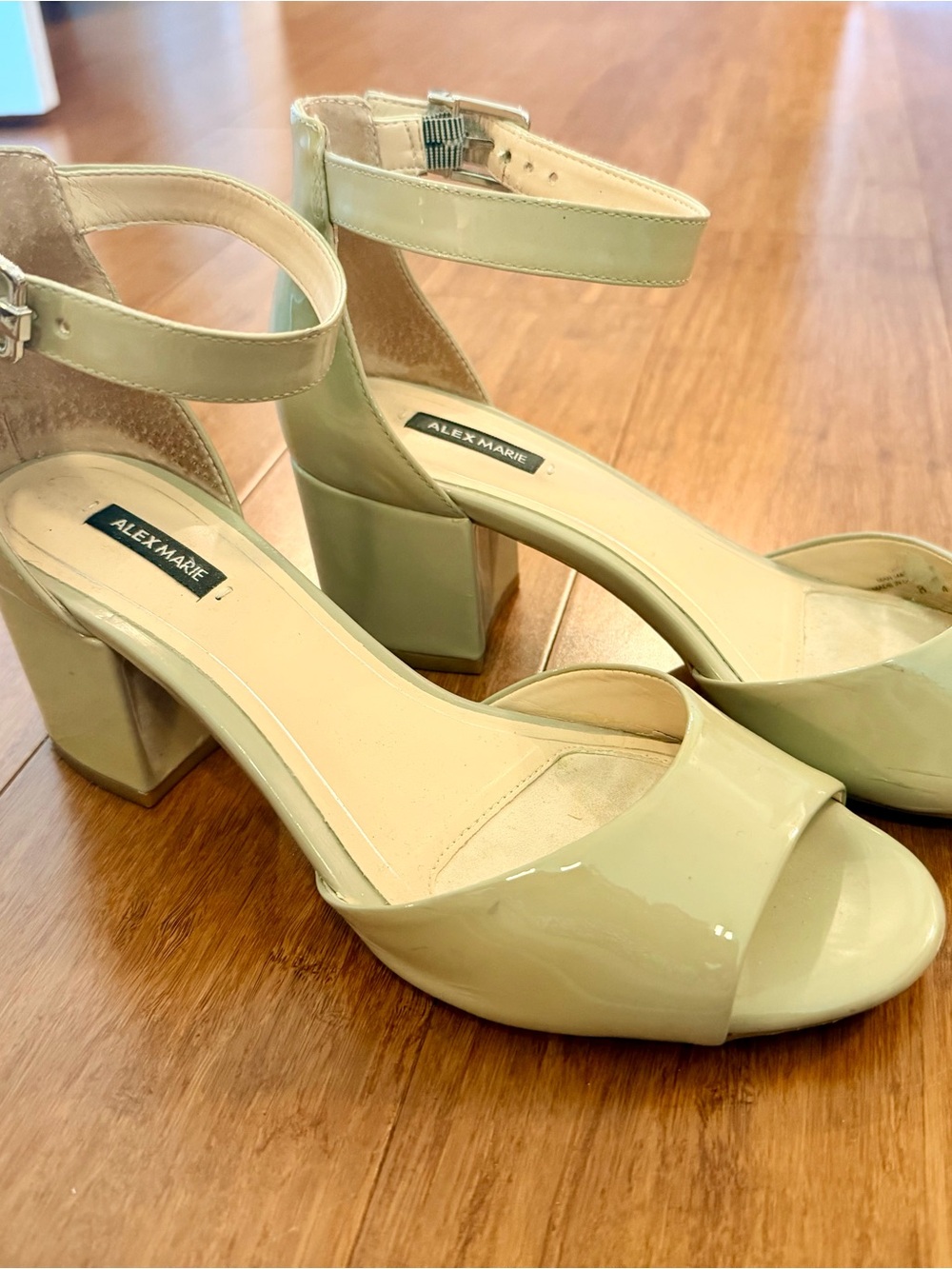 Alex Marie Patent Ankle-Strap Block Heels in Light Gray